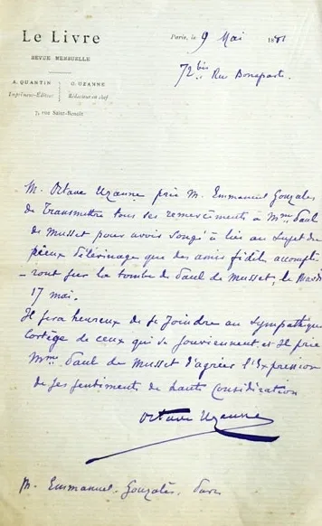 LAS Octave Uzanne bibliophile homme de lettres à Emmanuel Gonzalès Musset 1881