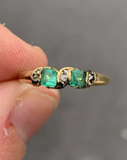 18ct Gold Victorian Natural Emerald & Diamond Ring, 18k 750