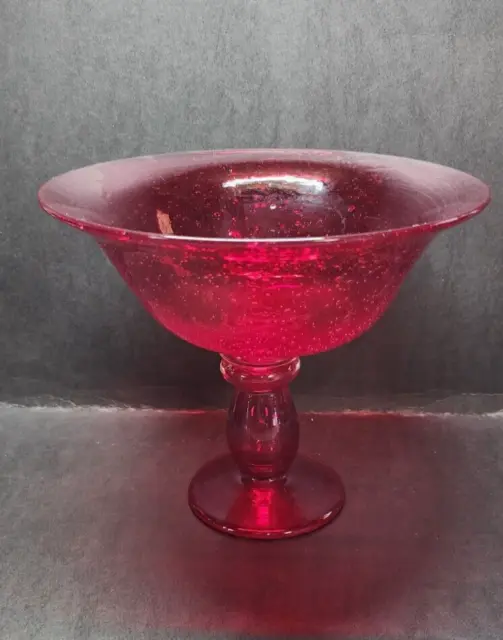 Large 6 1/2" tall 8" wide Deep Ruby Red Cased Art Glass Compote   bubble