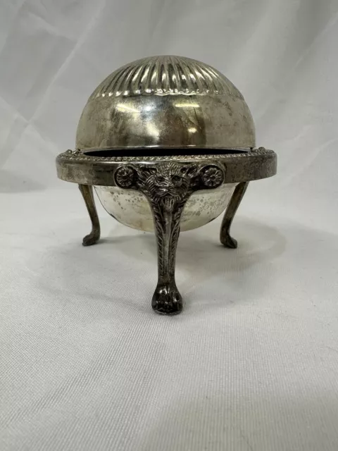 VTG Silver Tone Dome Roll Top Caviar / Butter Dish No Glass Footed Lion’s Heads
