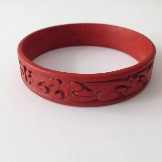 Chinese Art Deco Vintage Engraved Dragon Cinnabar Bangle