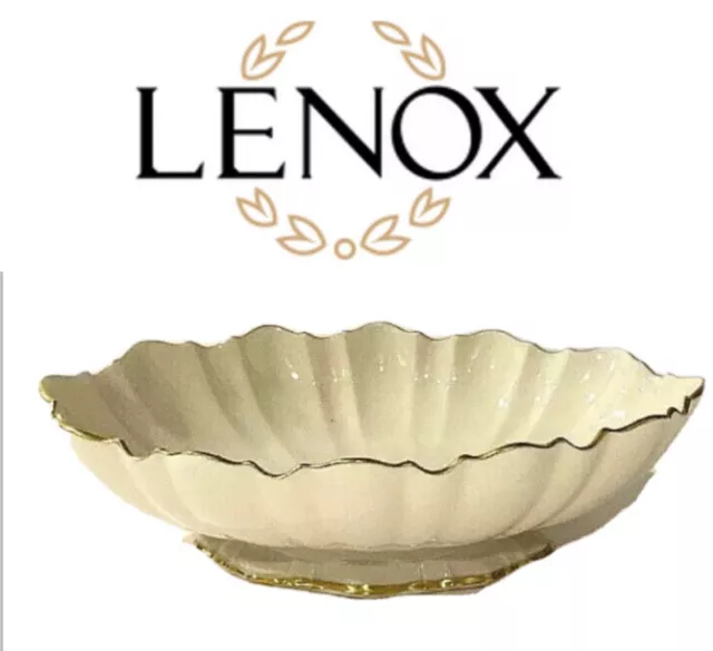 Lenox Footed Solitaire Symphony Scalloped Oval 24K Gold Trim 11” Vegetable Bowl