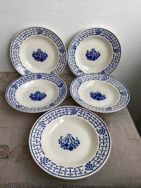 5 Anciennes Assiettes Creuses Badonviller Treille Bleu Blanc Deco France Table