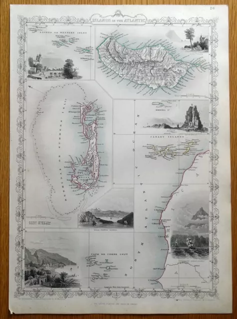 ATLANTIC ISLANDS, BERMUDA, MADEIRA, CANARIES, RAPKIN & TALLIS antique map c1850