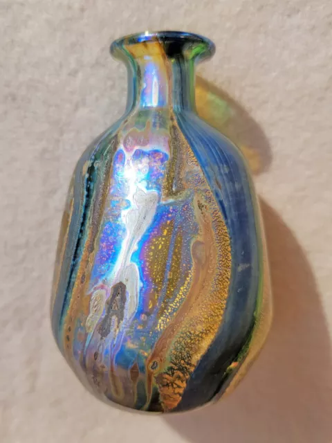 Vintage Hand Blown Isle Of Wight Design Studio ART GLASS VASE Swirls BLUE GOLD