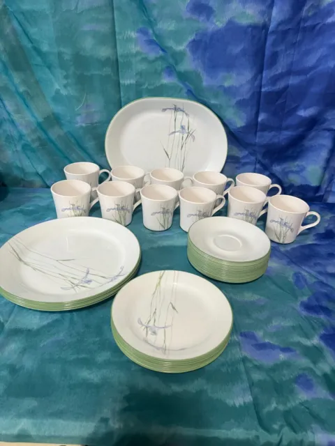 41 pc Corelle Shadow Iris Dinnerware Lot Platter Plates Cups Saucers