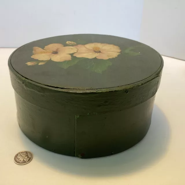 Antique Pantry Box Primitive Painted Dark Green Hand Painted Flower Blossoms