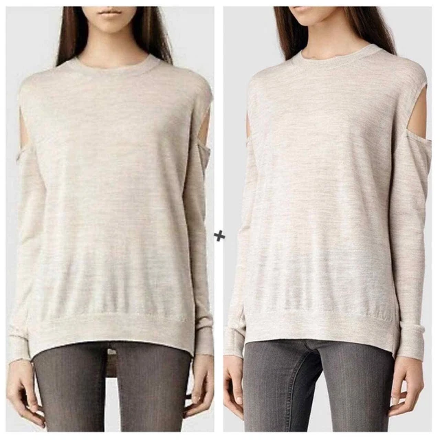 All Saints Elion Oatmeal 100% Merino Wool Cold Shoulder Sweater Size XS