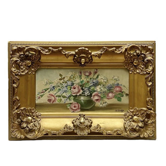 JE Judge (Janet Greenleaf) Roses Phlox Floral Vase Oil Painting Ornate Framed