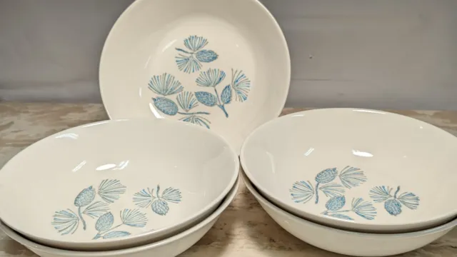 Set 5 Mid Century Cereal Bowls Marcrest Turquoise Blue Spruce Pinecone 6.75"