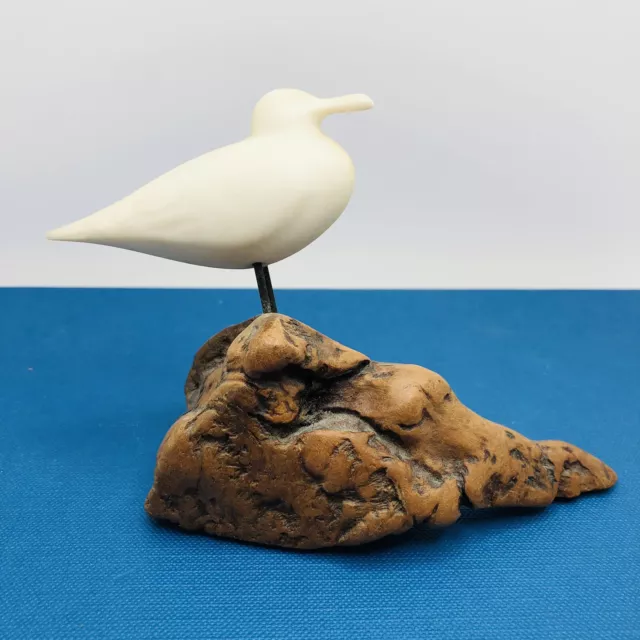 Vintage Signed John Perry Single Seagull on Burl Wood MCM Art Sculpture
