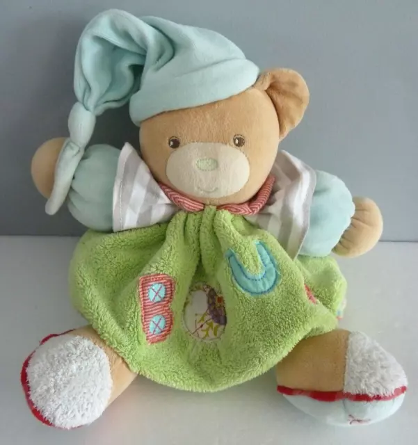 W1. DOUDOU BOULE KALOO OURS Boum Vert bleu blanc gris rayé grelot 32cm - BE