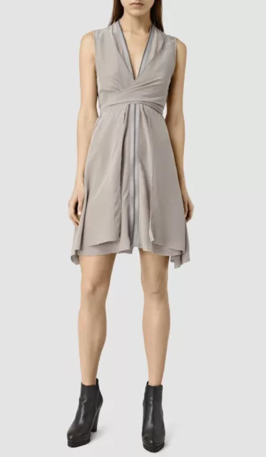 AllSaints Jayda 100% Silk Zip Front Tie Sleeveless Dress Size US 8 Champagne NWT