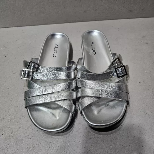 Aldo Women's Leather Silver Strappy Flat Open Toe Sandals Size Uk6 Eu39 (Kq)