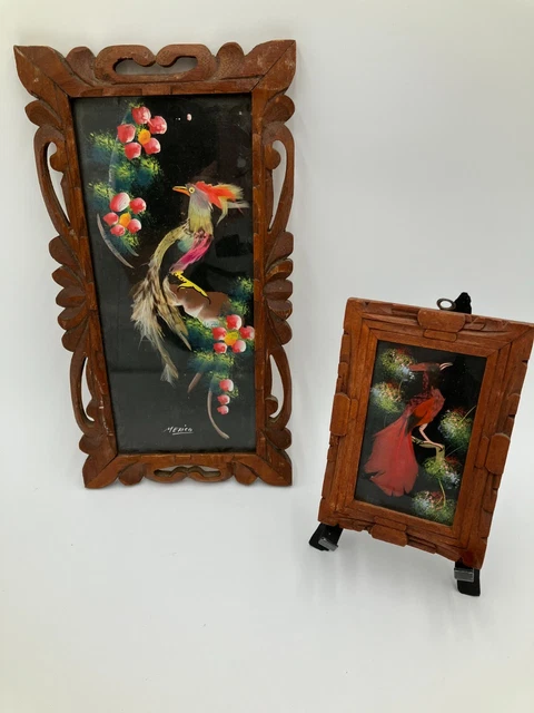2 Mexican Feather Craft Hand Painted Art Vintage Bird Pictures Carved Wood Frame