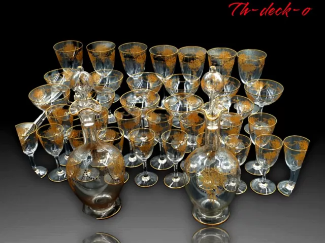 Baccarat /St Louis Service 37 Verres+Carafes Cristal Grave Dore Xixeme