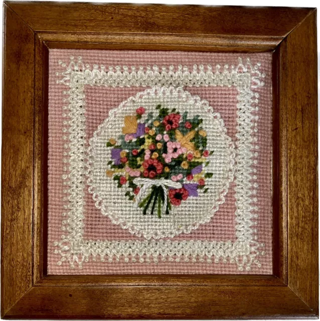 COMPLETED Needlepoint Embroidery Crewel Framed Floral Bouquet Tied With A Bow