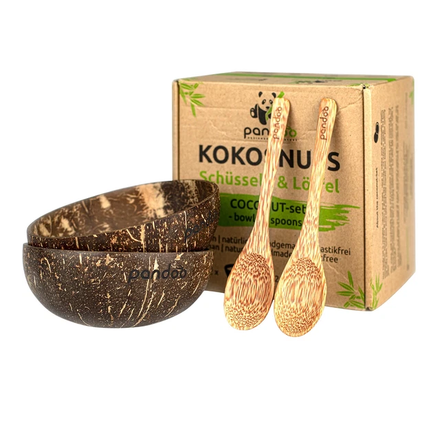 pandoo Coconut Bowls with Spoons Set of 2   100% Natural Product   Wooden Organi