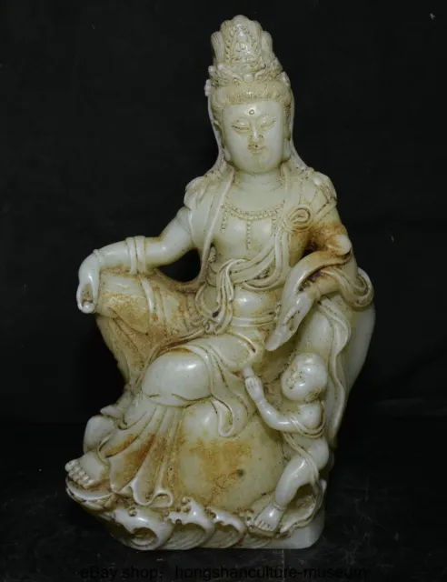 10.4 " China Natural White Jade Carved Buddhism Guanyin Buddha Tongzi Statue