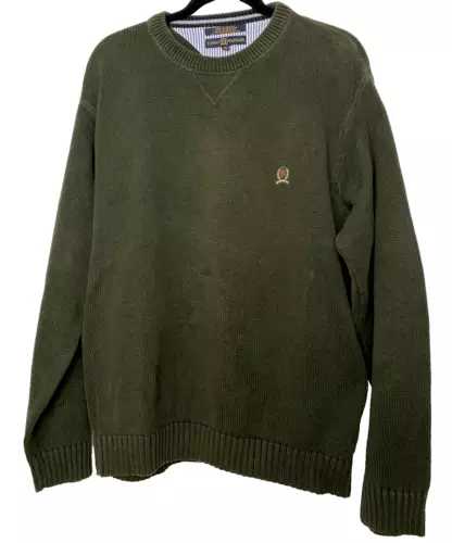 Tommy Hilfiger Sweater Mens XL Vintage Green  Long Sleeve Crew Neck Heavy Cotton