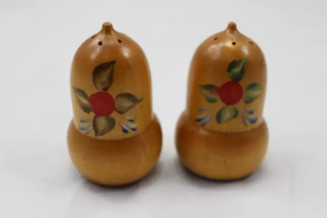 Flowers Floral Red Wooden Salt and Pepper Shakers Hand Crafted Painted Vintage