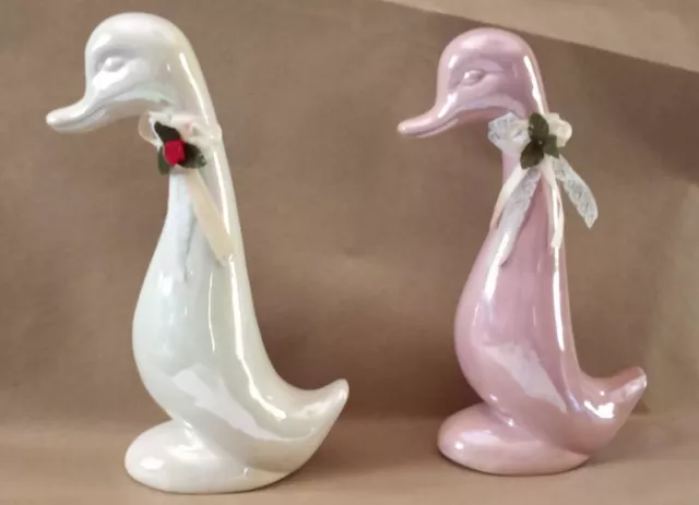 Pair Of Iridescent Pearl White & Pink CERAMIC Duck Swan Geese FIGURINES 10.5"