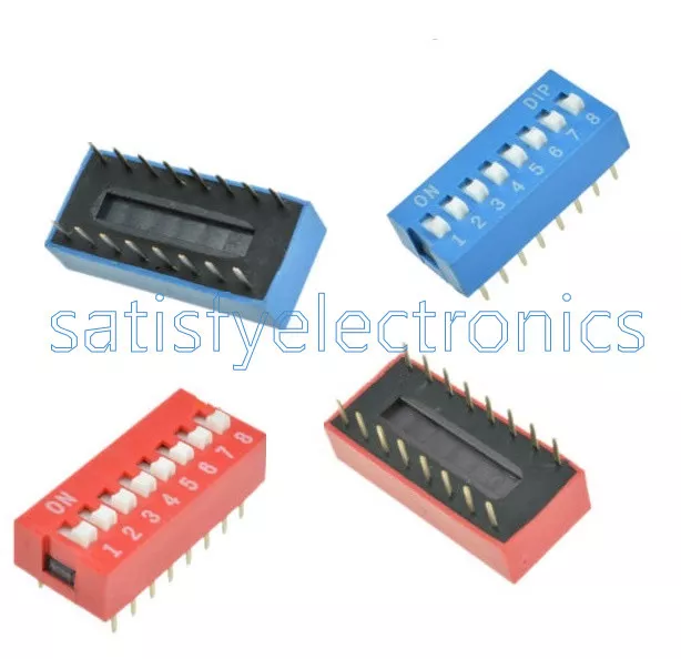 10/50PCS Red/Blue 2.54mm Pitch 8-Bit 8 Positions Ways Slide Type DIP Switch NEW