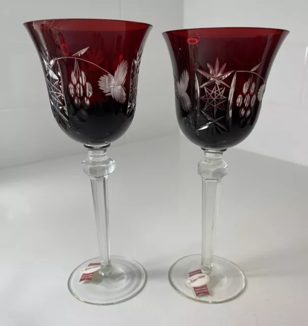 2 Anna Hutte Ruby Red Cut to Clear Lead Crystal 8.5” Wine Glasses Bohemian