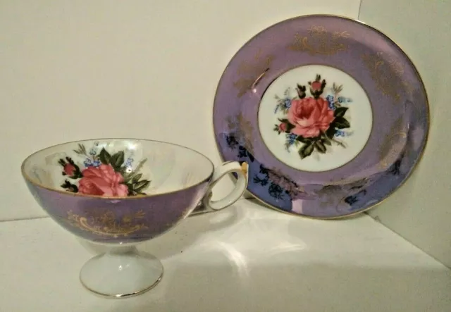 L.M. Royal Halsey Vintage Very Fine China Purple, Gold Edge Cup & Saucer EXC