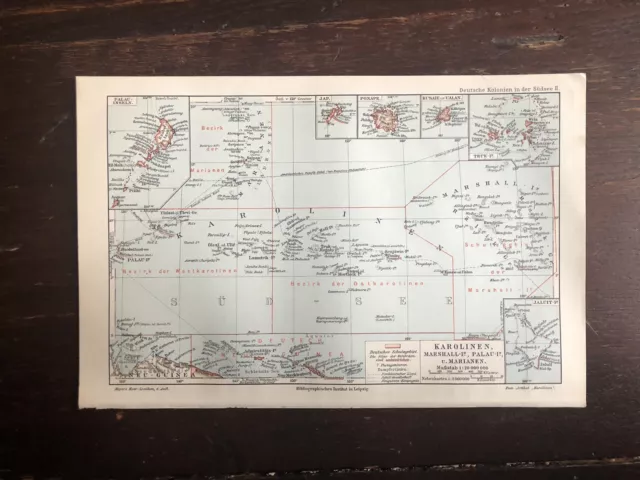 Alte Landkarte um 1905: die Karolinen, Marshall-Inseln, Palau, und Marianen
