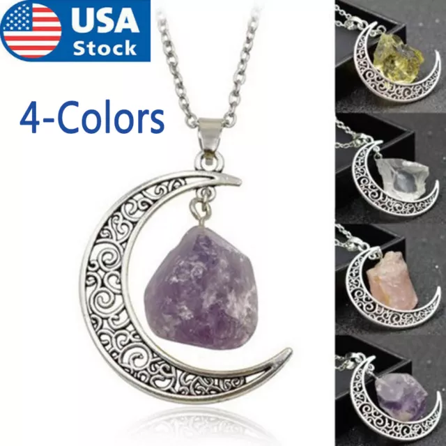 Natural Quartz Crystal Pendant Chakra Healing Gemstone Moon Necklace Jewelry