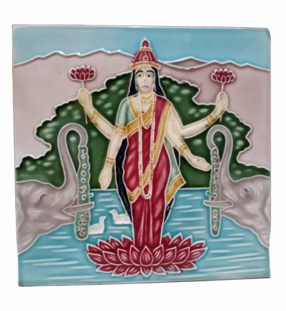 Rare Vintage Ceramic Tile Porcelain Vintage Art Indian Hindu Goddess Laxmi Tile.