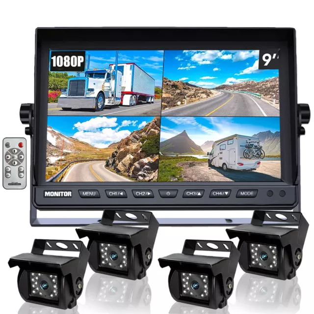 9" Quad Split Screen Monitor CCD Backup Rear Front Side View Camera Truck Bus RV