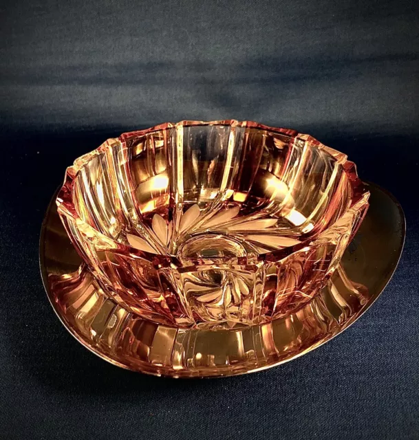Vintage,  1960’S Orange And Clear  Cut Glass Candy/Nut/Condiment Dish With Tray