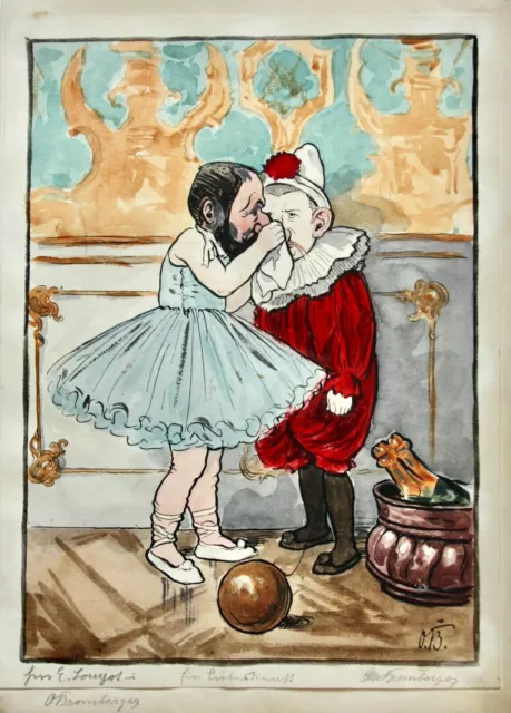 Otto Bromberger (1862-1943) signiertes Aquarell, Karikatur, Fasching, Kostümfest