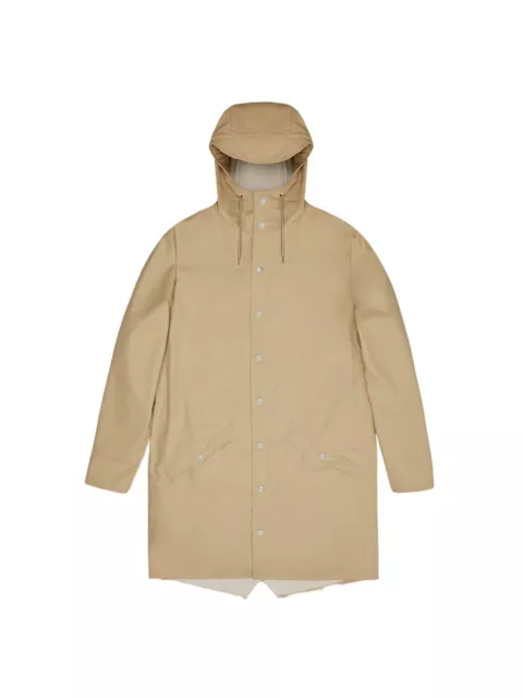 Giacca Rains modello La Long Jacket impermeabile ed unisex, colore Beige