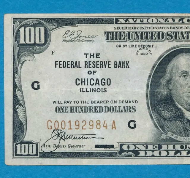 $100. 1929  Chicago Brown Seal Federal Reserve Bank Note Attractive Xf