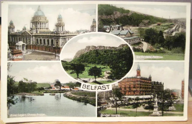 Irish Postcard BELFAST Multiview Northern Ireland White Border Bellevue Lagan