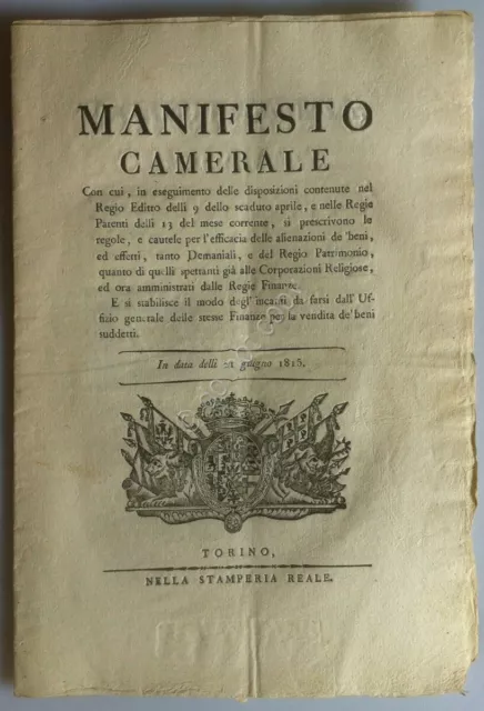 Regno di Sardegna 1815 - Manifesto Camerale - Beni Demanio e Corporazioni