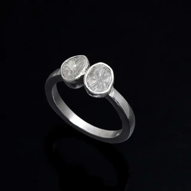 Double Clashing Polki Natural Diamond 925 Sterling Silver Ring Sale Off Discount