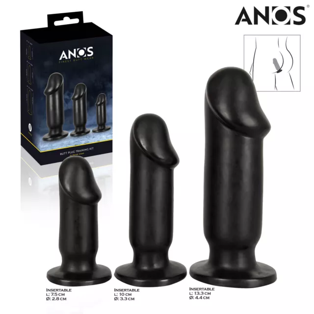 ANOS Butt Plug Training Kit in Three Sizes, Black PVC Anal Realistic Dilator Set