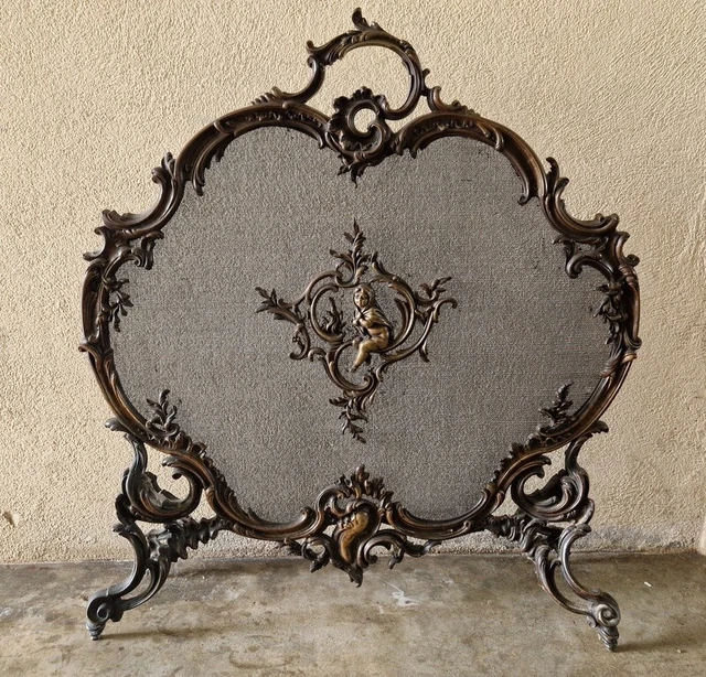 Paravent De Cheminée Ancien Style Rococo Français - Bronze Doré, Chérubins, Bon état