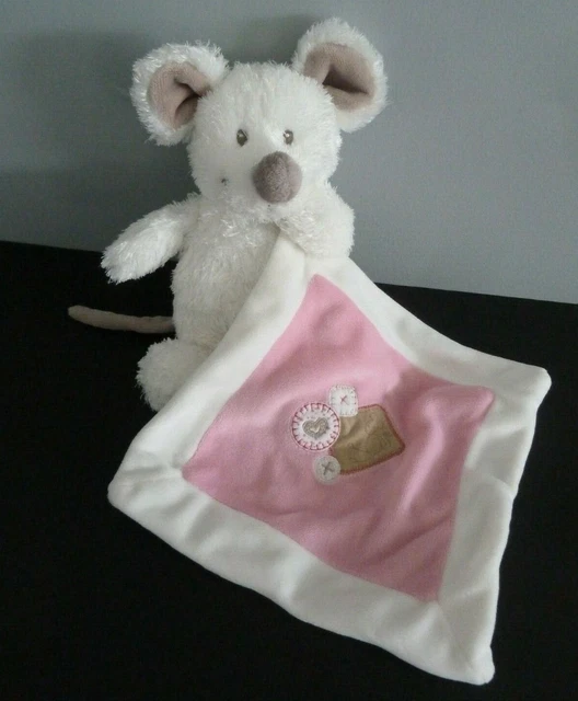 A8. DOUDOU PELUCHE NICOTOY SOURIS MOUCHOIR BLANC ROSE 22 cm - ETAT NEUF *
