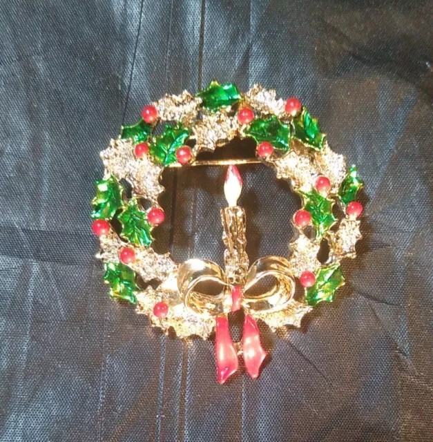 Vintage Signed Gerry's Christmas Wreath w/ Candle Gold Tone Brooch Pin