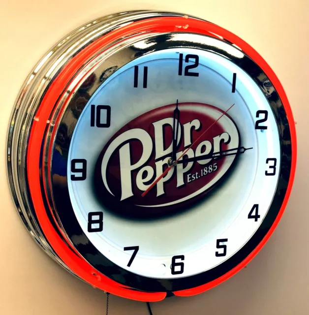 19" Dr Pepper Est 1885 Double Neon Red Neon Clock Mancave Bar