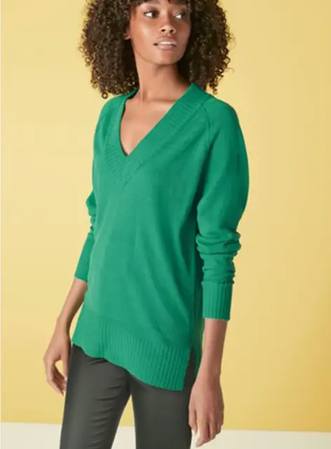 Ladies Long Cosy V Neck Tunic Jumper Knitwear Sweater Green Black Green Cream