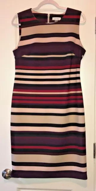 Calvin Klein Sz 12 Pencil Dress Scuba Fabric Striped Sleeveless Pre-Owned