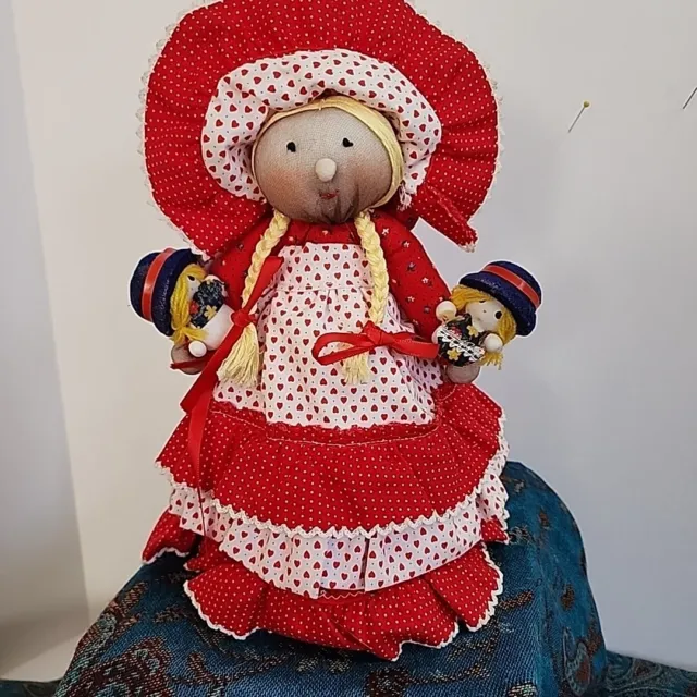Vtg Nylon Sock Doll Apple Cheeks Mother With Children Country Dress Cottage Farm