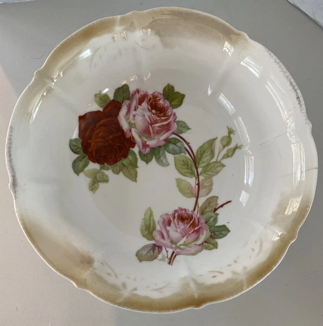 Vtg Large Serving Bowl Made In Germany White Luster Rose Transferware