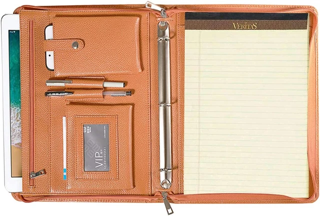 Professional Leather Business Padfolio Portfolio Case, 3 Ring Binder,Zippered Bu